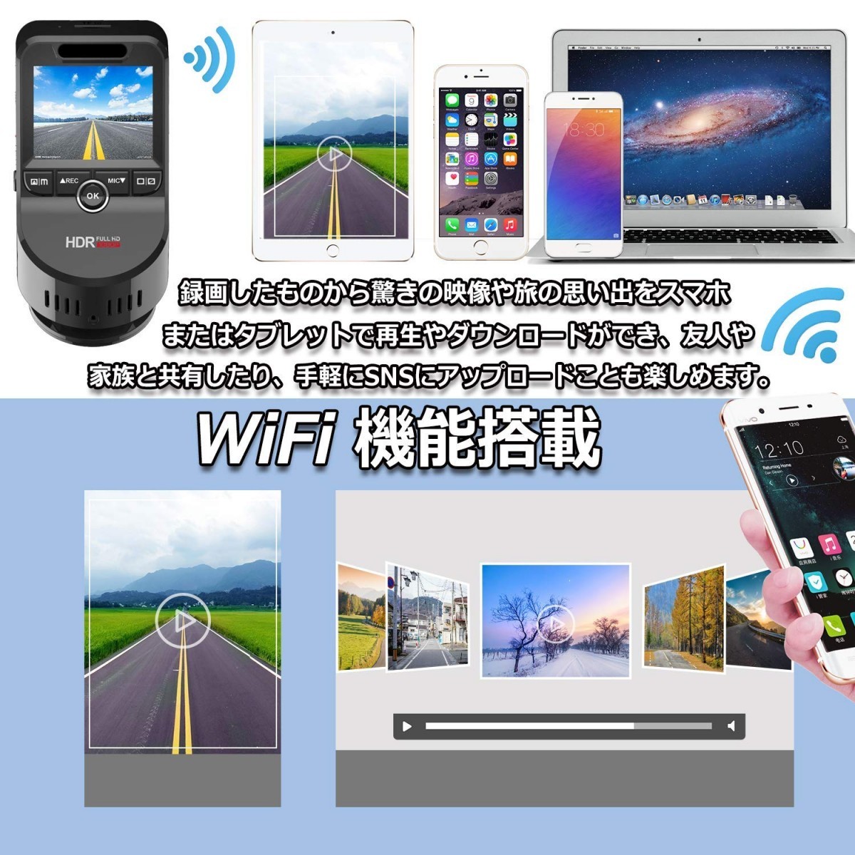 ドライブレコーダー 前後カメラ 32gカード付き wifi搭載 gps内蔵 ドラレコ 前後 1200万画素 170度広角 2カメラ WDR機能 常時録画 駐車 監視 - 画像 (2)