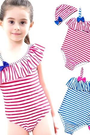 キッズ水着 女の子 帽子付 ストライプ柄 縞 ボーダー オールインワンタイプ デザイン×サイズ ガールズ レッド ブルー サイズ 身長 100cm, 110cm こどもの日 プレゼント