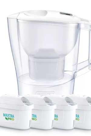 ブリタ ポット型 浄水器 アルーナ 容量2.4L カートリッジ4個付き ろ過水容量1.25L 液晶メモ (交換目安:1日5.3L で4週間 ) 型番:KBALCW4M サイズ(mm) : 奥行100 横幅249 高さ260mm 実用的 母の日 父の日 プレゼント