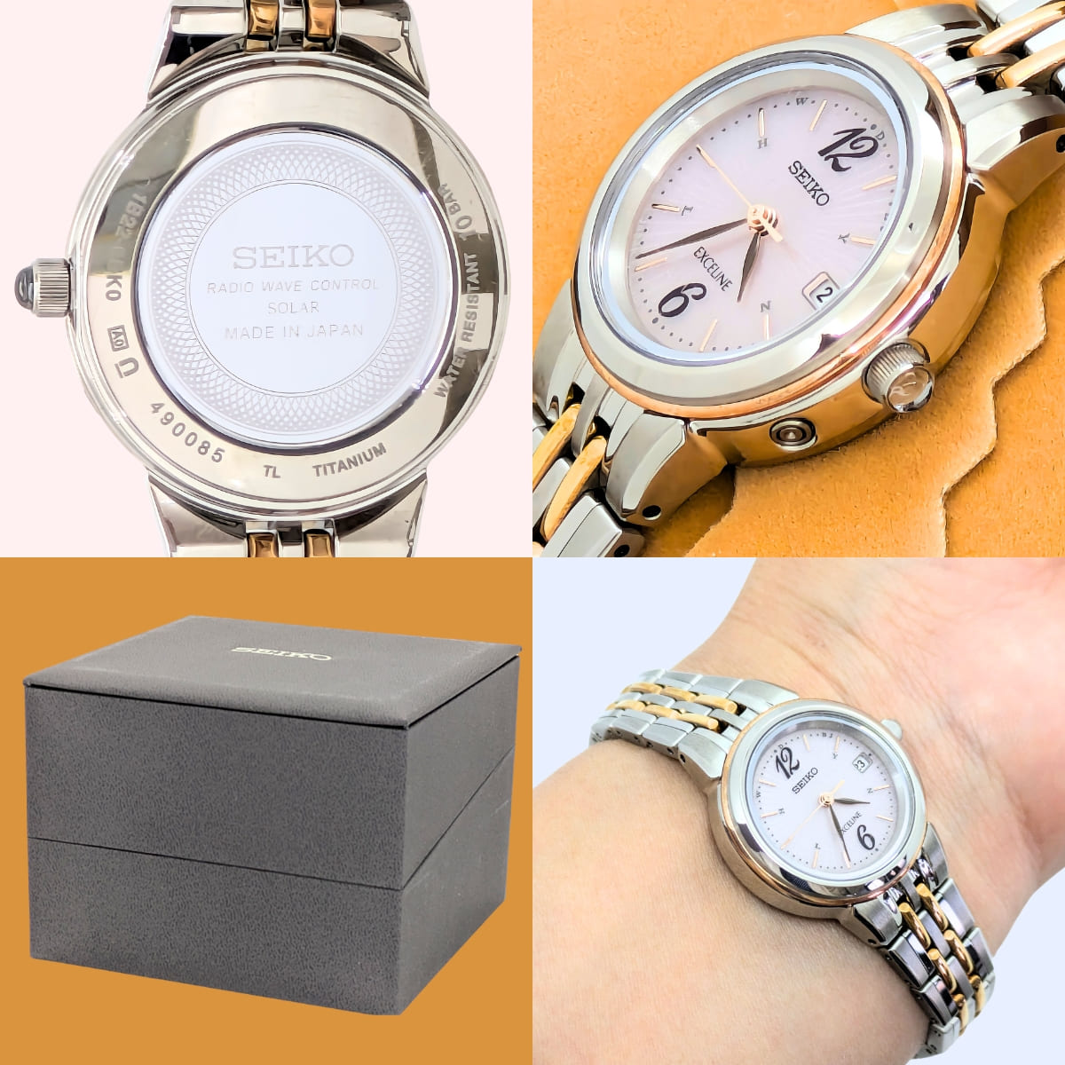 エクセリーヌ SWCW056 ピンクダイヤル ソーラー電波修正 女性用 軽量 チタンバンド - 画像 (7)