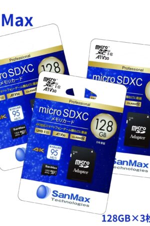 SanMax(サンマックス) Micro SDXC 128GB×3枚セット 防水(SDアダプタは対象外) SMP128AV ビデオスピードクラスV30 スピードクラスC10 UHSスピードクラスUHS-I U3 読み取り速度95MB/秒 ゲーム機対応 SDカード変換アダプタ付属 #51623 台湾製