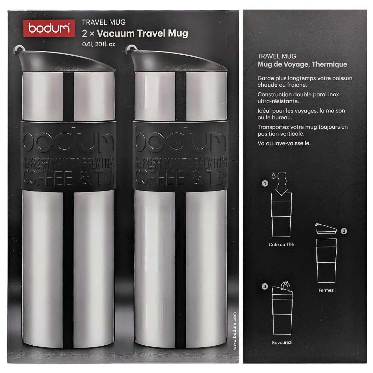 水筒 ボダム トラベルマグ ステンレス製 二重断熱 保温保冷 600ml 2個セット 型番:K12151-01COS 食器洗い 乾燥機可 保温効力:54℃以上(6h) 保冷効力:12℃以下(6h) 実用的 丈夫な水筒 #57657 実用的 母の日 父の日 プレゼント 冷たい 飲み物をキープ - 画像 (2)