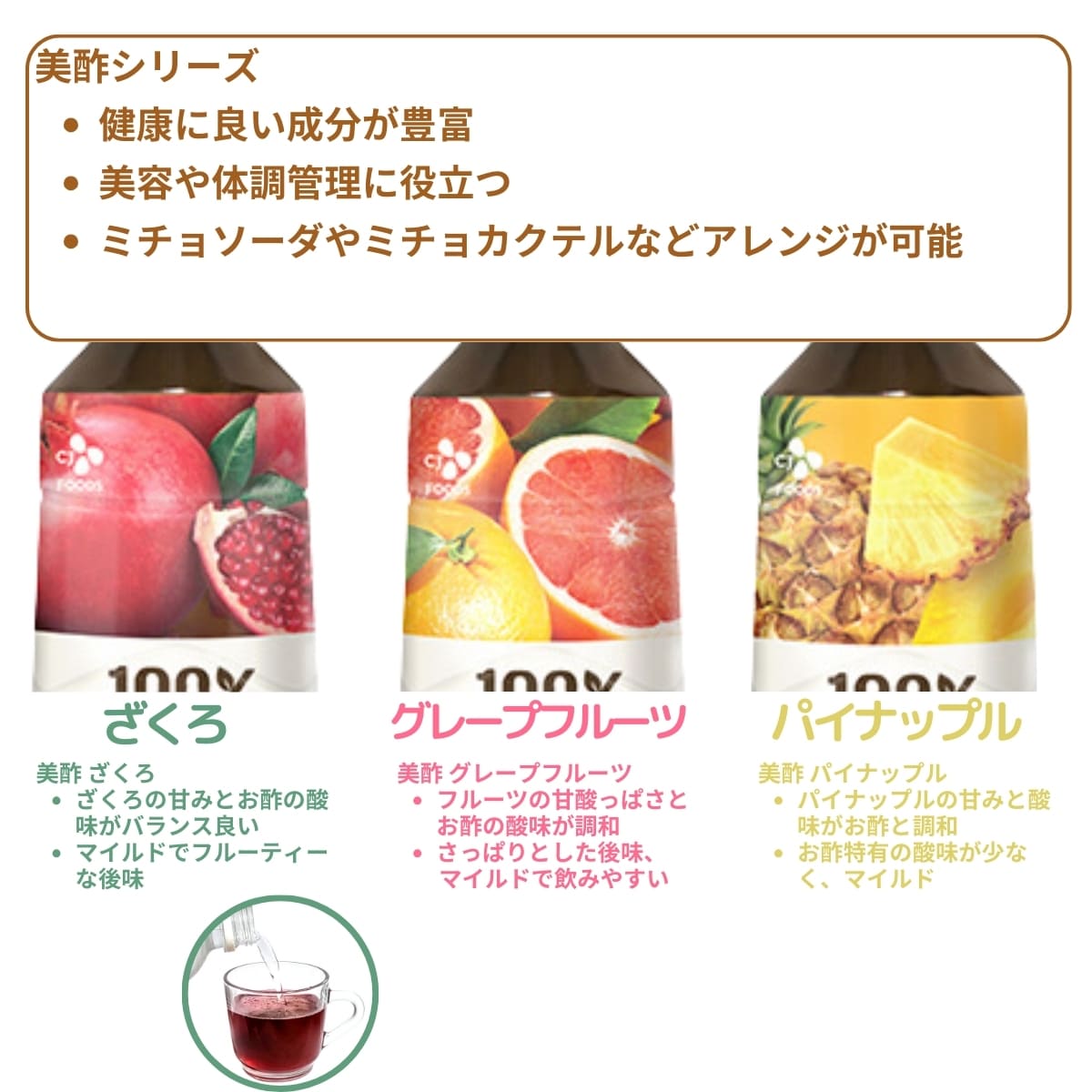 美酢 (ミチョ) アソートセット 希釈用 900ml x 3本 韓国製 100%果実発酵のお酢 調味酢 タイプ2種 (ざくろ グレープフルーツ パイナップル / ざくろ レモン マスカット) 実用的 母の日 父の日 プレゼント - 画像 (3)