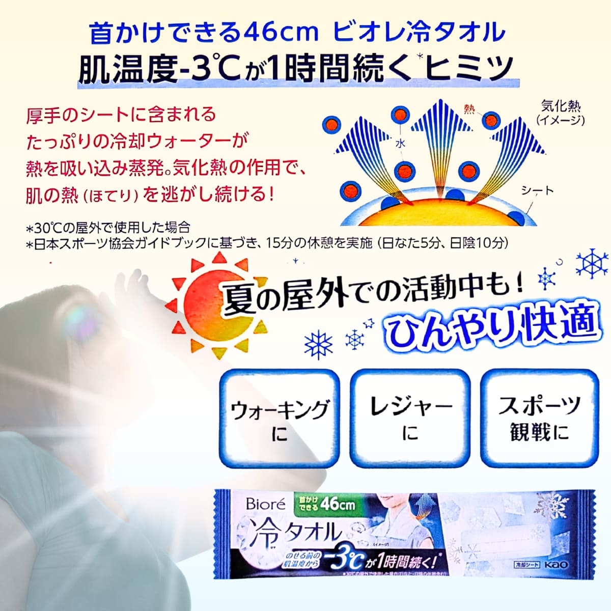 ビオレ冷タオル15包入り(1枚づつ個包装: 5包×3袋) 首かけできる 大判シートサイズ: 46cm 無香性 日本製 冷却シート #56367 - 画像 (5)