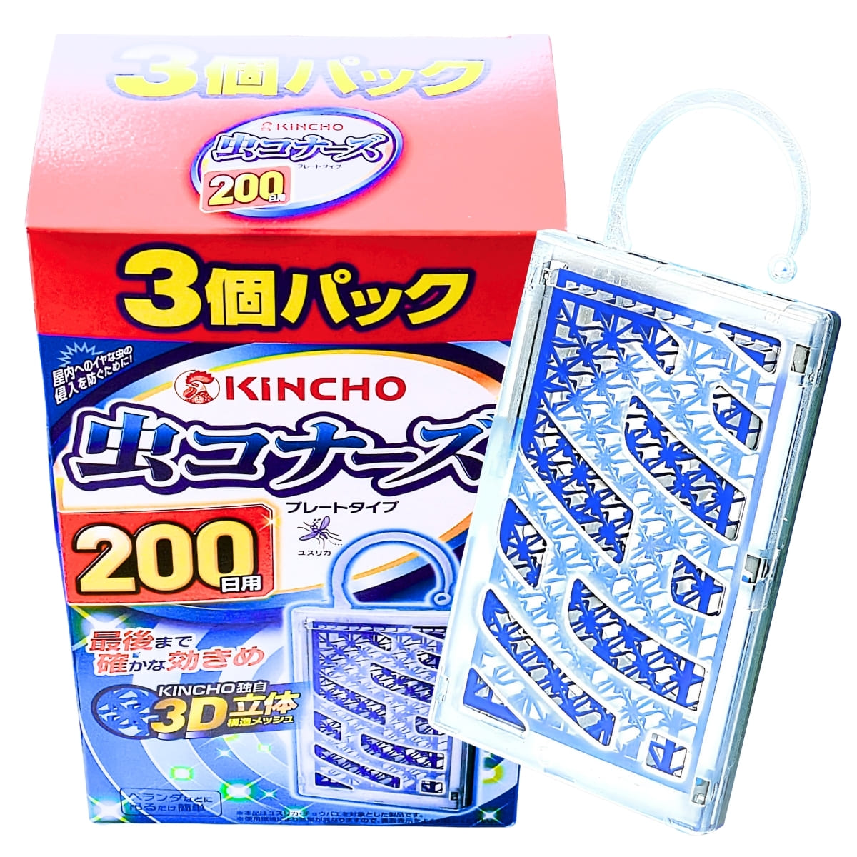 KINCHO (キンチョー) 虫コナーズ プレートタイプ 3パック ( 200日用×3 ) 3D立体構造 メッシュ ベランダ 軒下 屋内と屋外の境目 吊るして使えるフック付き 日本製 #575668 電気・電池不要 夏場の虫対策