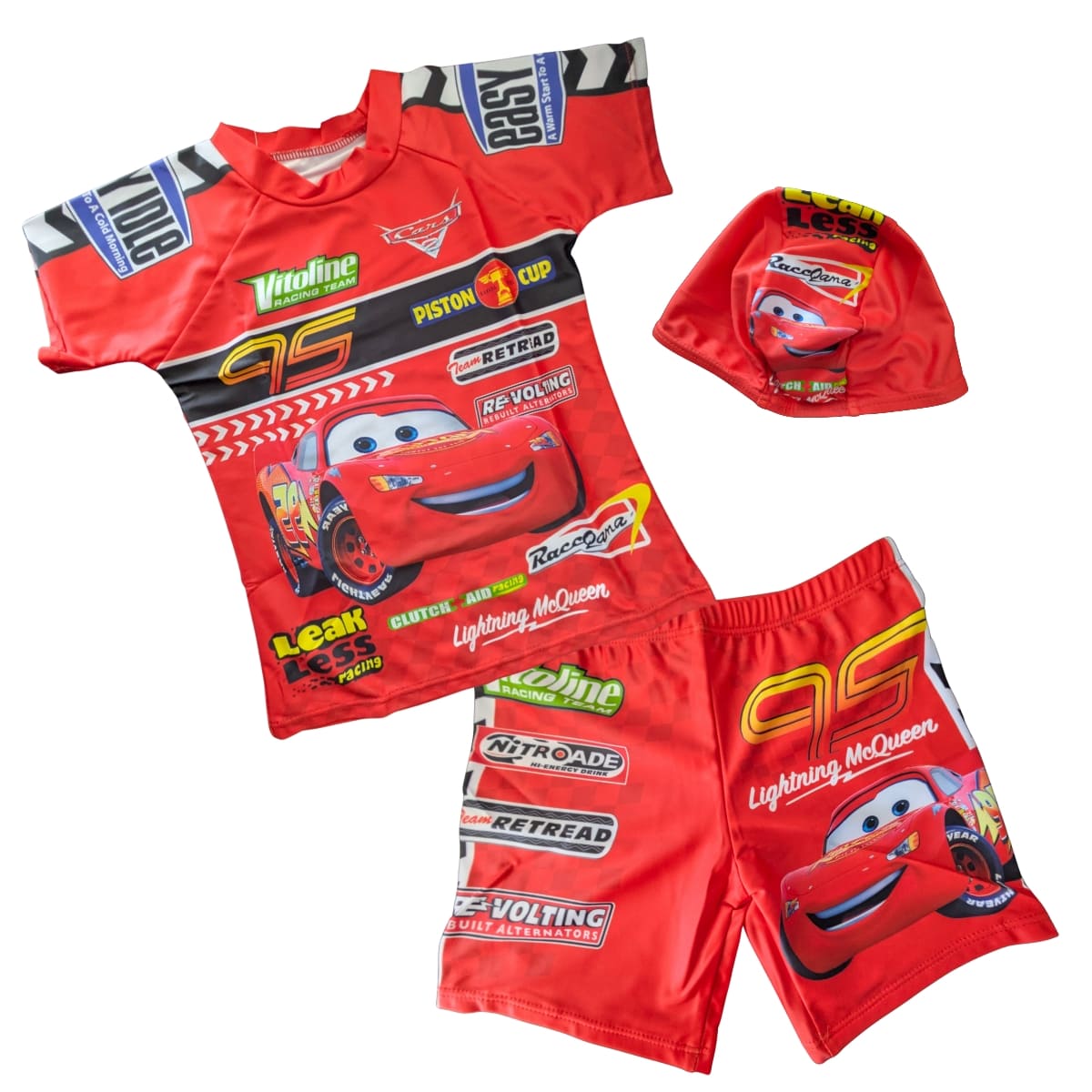 キッズ水着 男の子 CHKZ56R ボーイス カッコいい ラッシュガード キャップ パンツ 3点セット 車 カーズ レッド サイズ 6 (L 110~120) 夏 レジャー 夏休み 水あそび プレゼント - 画像 (2)