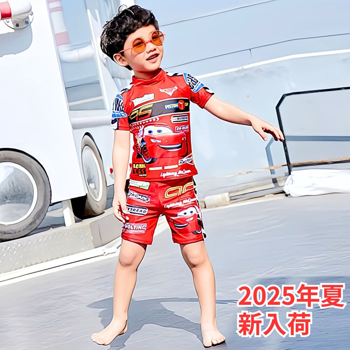 キッズ水着 男の子 CHKZ56R ボーイス カッコいい ラッシュガード キャップ パンツ 3点セット 車 カーズ レッド サイズ 6 (L 110~120) 夏 レジャー 夏休み 水あそび プレゼント - 画像 (4)