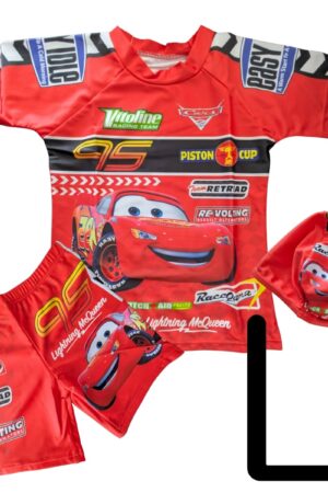 新入荷 【キッズ水着 男の子用】車カーズ柄 3点セット(ラッシュガード・キャップ・パンツ)夏用 子供水着 海水浴 プール 日焼け防止 子供用水着 男児 Lサイズ (110-120cm) 5歳~6歳 レッド レジャー 夏休み 水あそび プレゼント