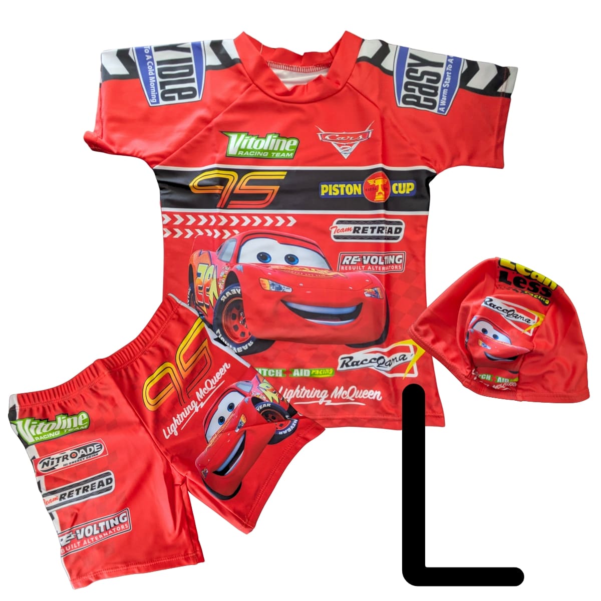 キッズ水着 男の子 CHKZ56R ボーイス カッコいい ラッシュガード キャップ パンツ 3点セット 車 カーズ レッド サイズ 6 (L 110~120) 夏 レジャー 夏休み 水あそび プレゼント